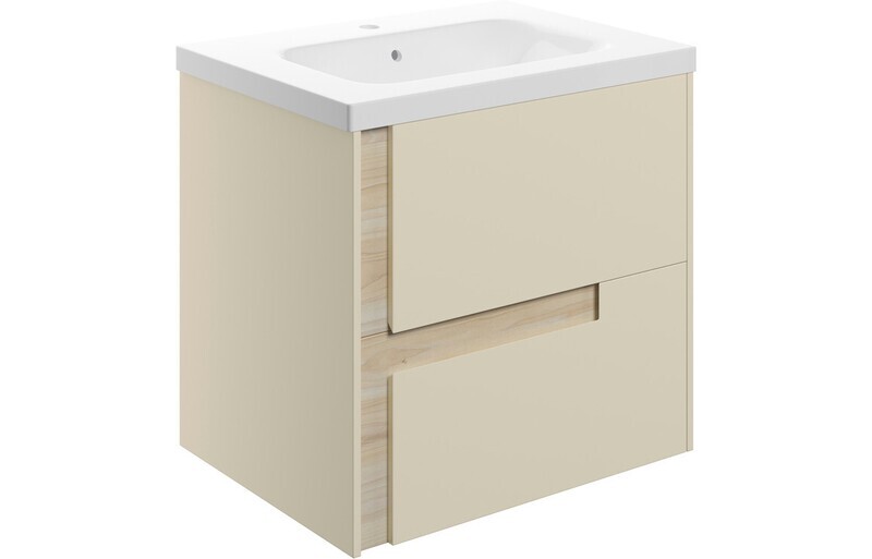 Isabella 615mm Wall Hung 2 Drawer Basin Unit & White Basin - Matt Cotton & Oak Effect
