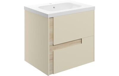Isabella 615mm Wall Hung 2 Drawer Basin Unit & White Basin - Matt Cotton & Oak Effect