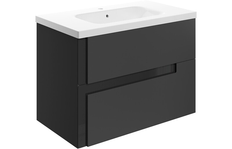 Isabella 815mm Wall Hung 2 Drawer Basin Unit & White Basin - Matt Black & Glass