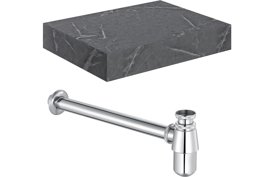 Ophelia 600mm Wall Hung Grey Marble Basin Shelf & Chrome Bottle Trap