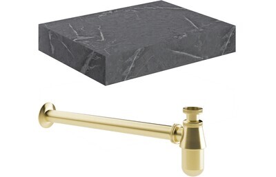 Ophelia 600mm Wall Hung Grey Marble Basin Shelf & Brushed Brass Bottle Trap