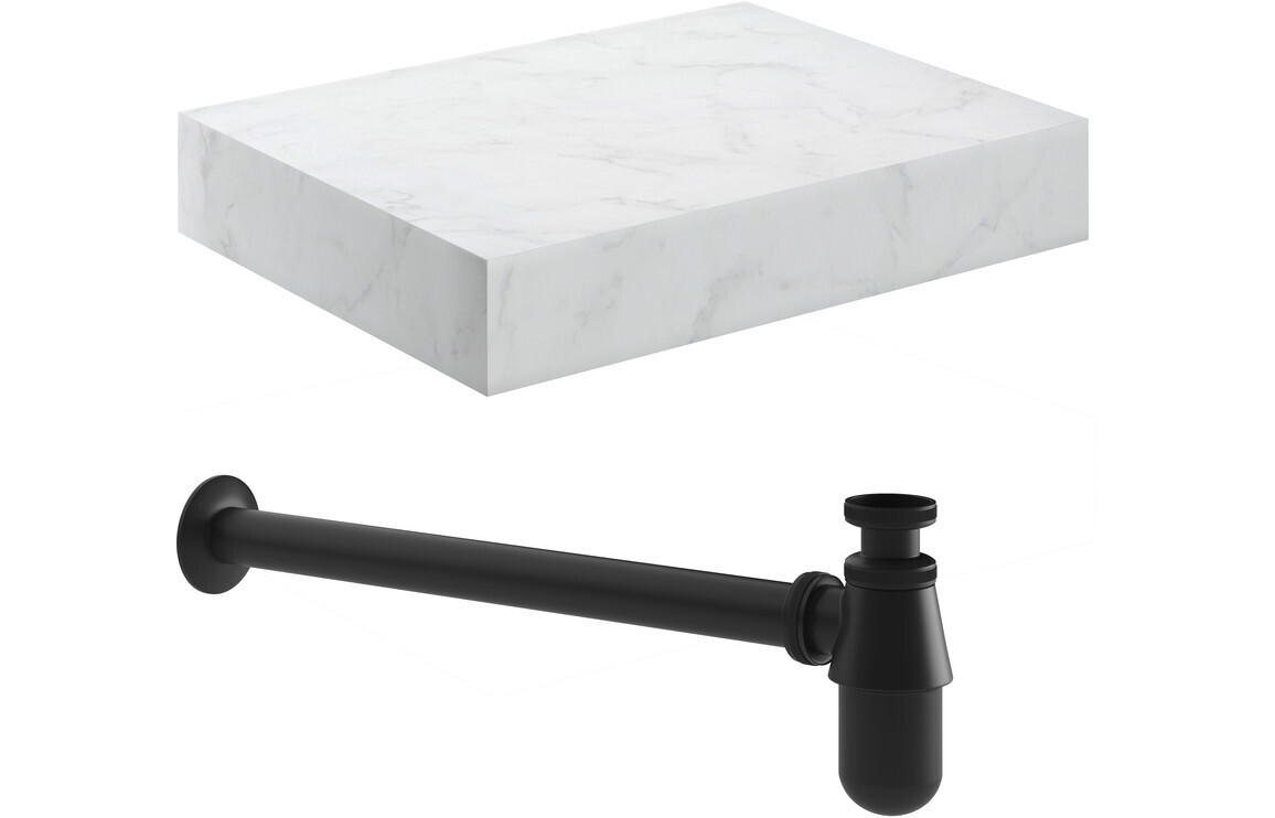 Ophelia 600mm Wall Hung White Marble Basin Shelf & Black Bottle Trap