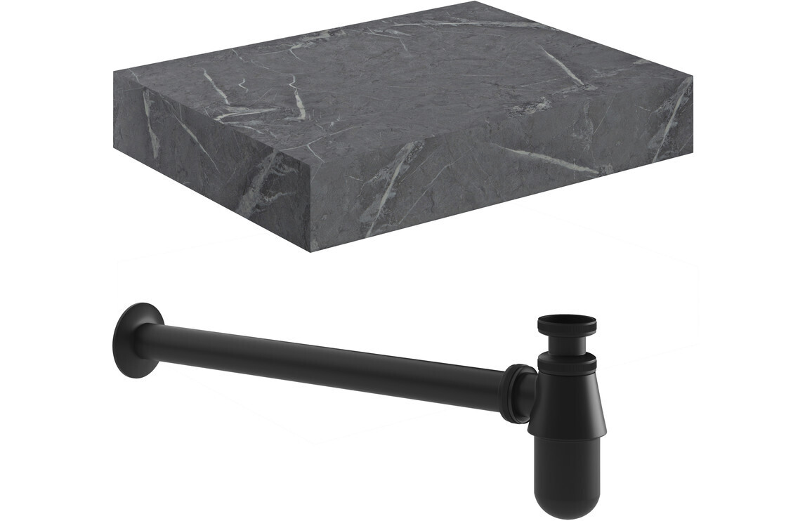Ophelia 600mm Wall Hung Grey Marble Basin Shelf & Black Bottle Trap