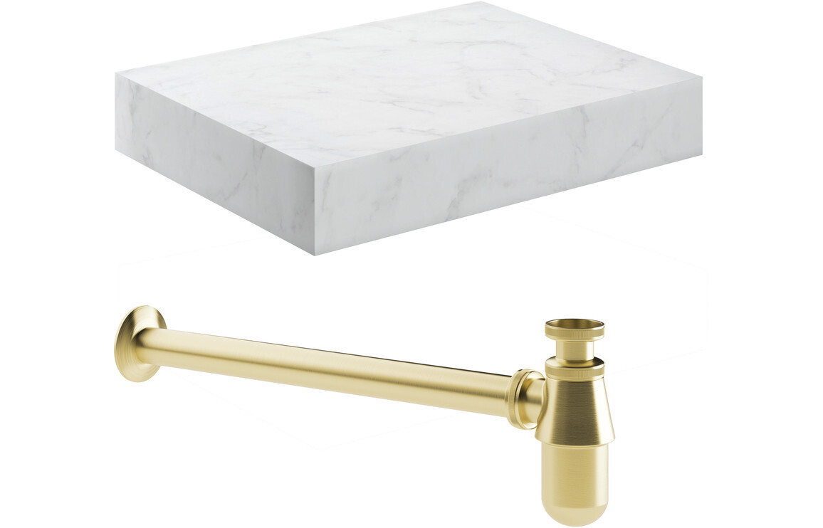 Ophelia 600mm Wall Hung White Marble Basin Shelf & Brushed Brass Bottle Trap