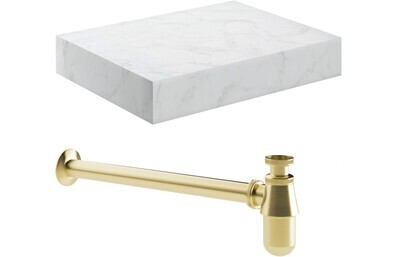 Ophelia 600mm Wall Hung White Marble Basin Shelf & Brushed Brass Bottle Trap