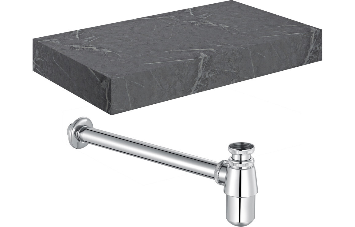 Ophelia 800mm Wall Hung Grey Marble Basin Shelf & Chrome Bottle Trap