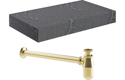 Ophelia 800mm Wall Hung Grey Marble Basin Shelf & Brushed Brass Bottle Trap