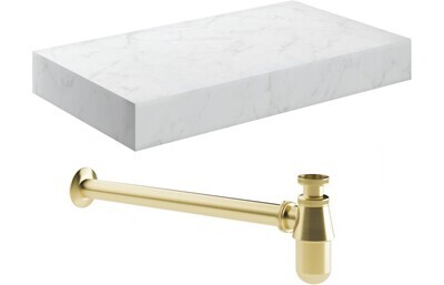 Ophelia 800mm Wall Hung White Marble Basin Shelf & Brushed Brass Bottle Trap