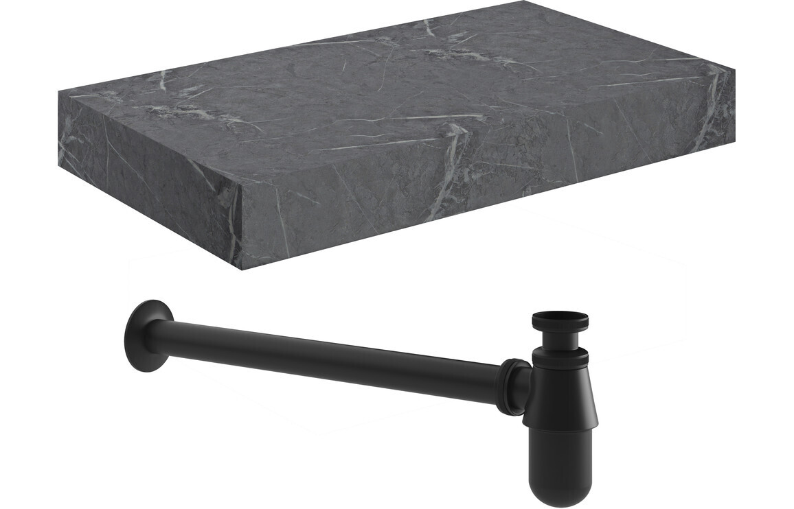 Ophelia 800mm Wall Hung Grey Marble Basin Shelf & Black Bottle Trap