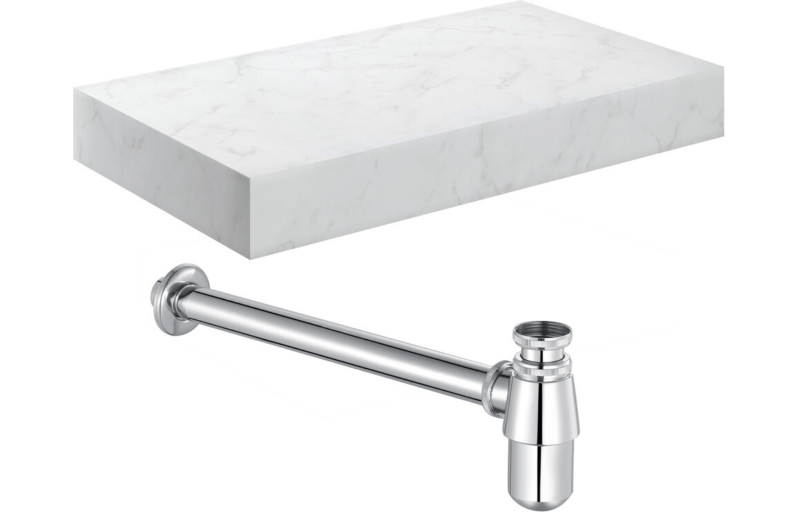 Ophelia 800mm Wall Hung White Marble Basin Shelf & Chrome Bottle Trap