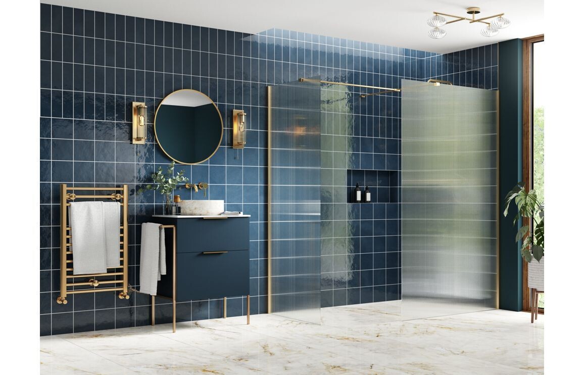 Athen 900mm Fluted Wetroom Panel & Side Panel Arm - Brushed Brass