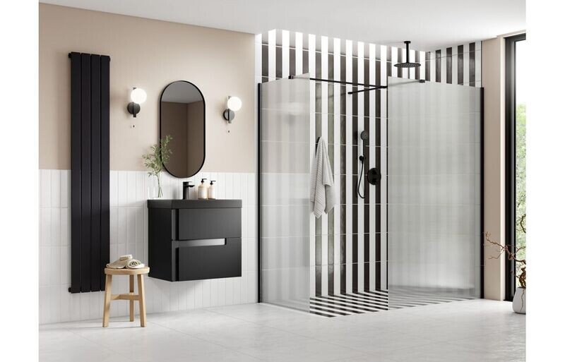 Athen 900mm Fluted Wetroom Panel & Side Panel Arm - Black