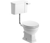 Shelly Low Level WC & Satin White Wood Effect Seat w/Brass Hinges