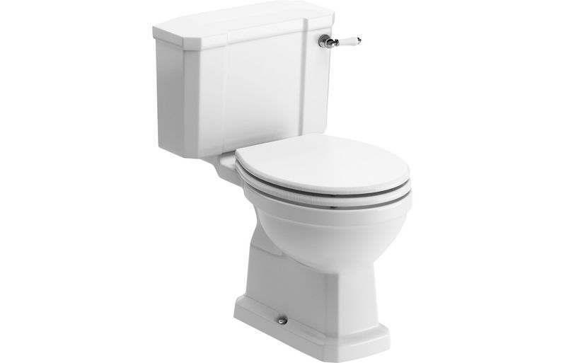 Shelly Close Coupled WC & Satin White Wood Effect Seat w/Brass Hinges