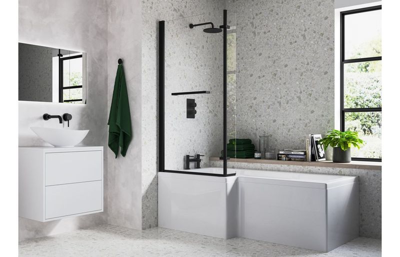 L Shape Bath Screen - Matt Black