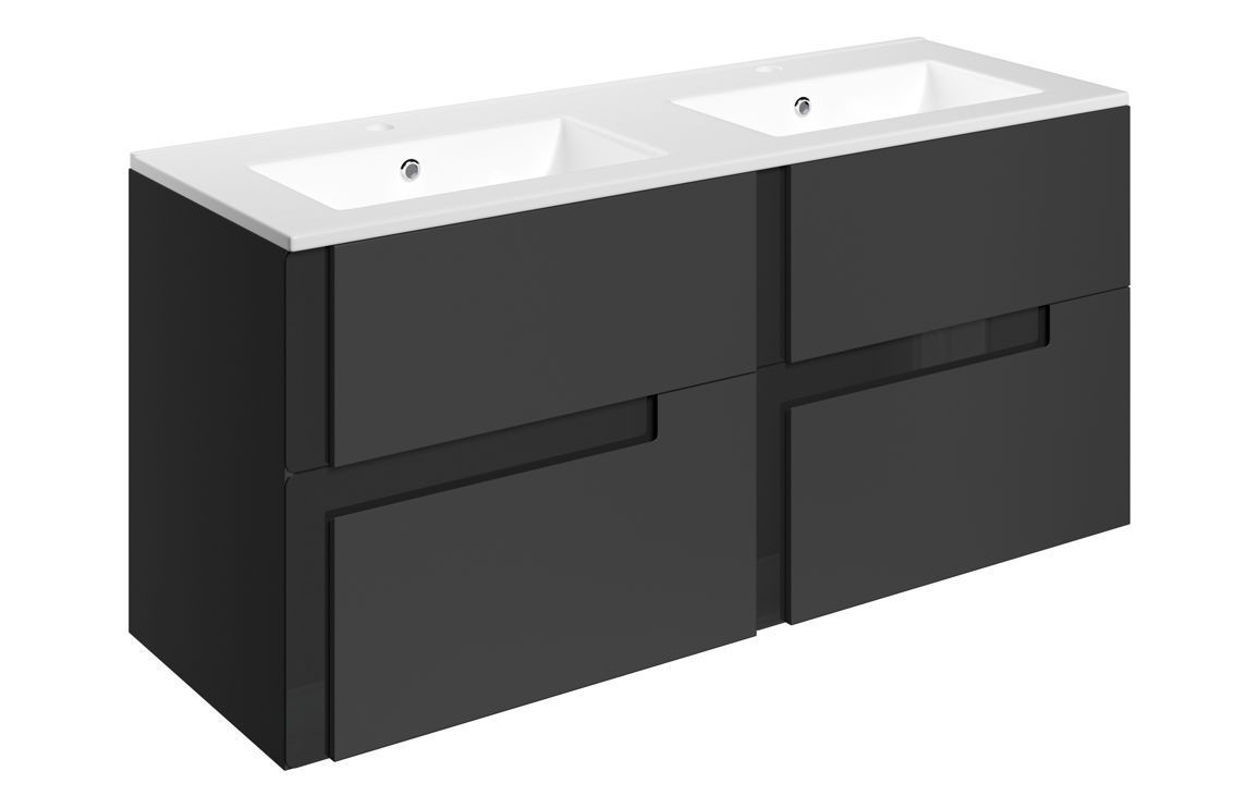 Isabella 1210mm Wall Hung 4 Drawer Basin Unit & 2TH White Basin - Matt Black & Glass