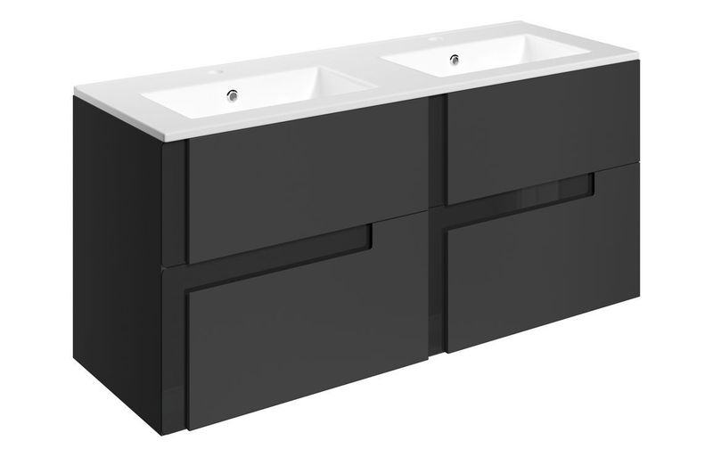 Isabella 1210mm Wall Hung 4 Drawer Basin Unit & 2TH White Basin - Matt Black & Glass