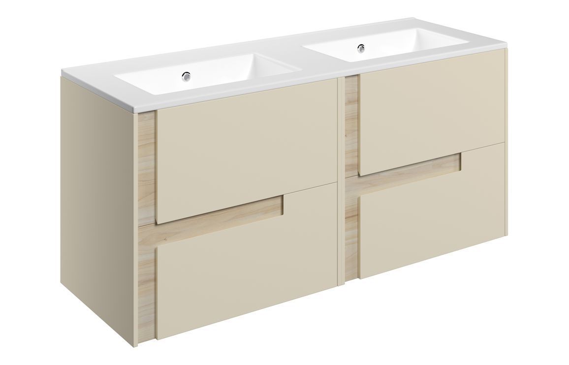 Isabella 1210mm Wall Hung 4 Drawer Basin Unit & 2TH White Basin - Matt Cotton & Oak Effect