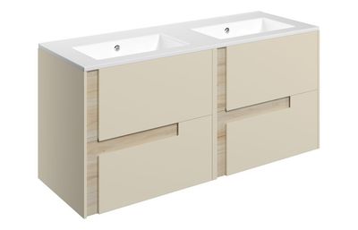 Isabella 1210mm Wall Hung 4 Drawer Basin Unit & 2TH White Basin - Matt Cotton & Oak Effect
