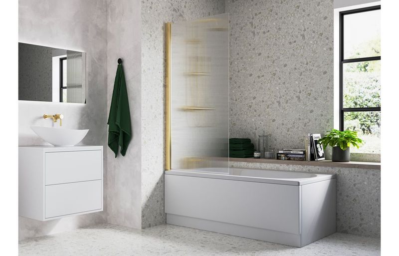 Fluted 800x1500mm Single Straight Bath Screen (5mm) - Brushed Brass