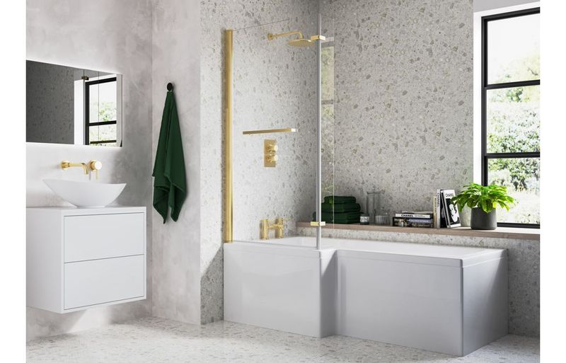 Natasha L Shape 1700x850x560mm 0TH Shower Bath Pack (RH) - Brushed Brass