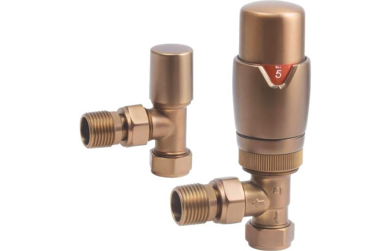 Round Thermostatic Brushed Bronze Radiator Valves - Angled