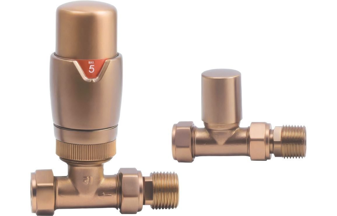 Round Thermostatic Brushed Bronze Radiator Valves - Straight
