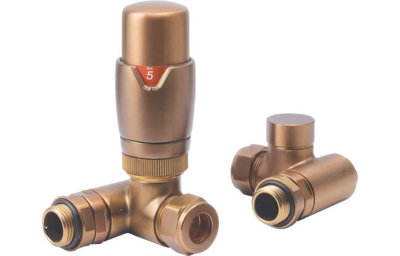 Round Thermostatic Brushed Bronze Radiator Valves - Corner