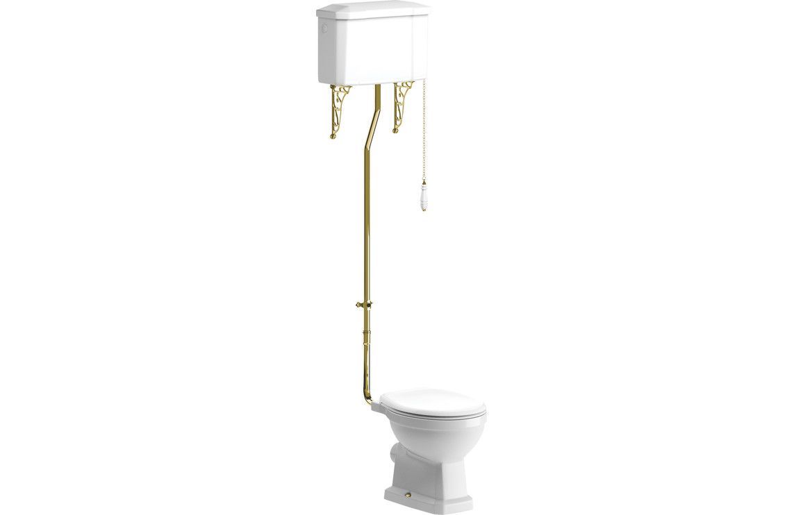 Shelly High Level WC & Satin White Wood Effect Seat w/Br.Brass Finishes