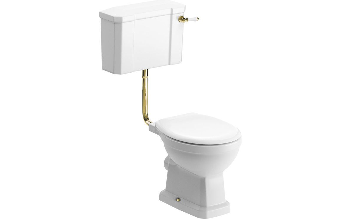 Shelly Low Level WC & Satin White Wood Effect Seat w/Br.Brass Finishes