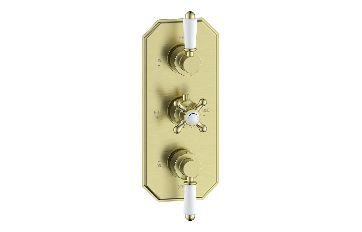 Basil Traditional Lever Thermostatic Two Outlet Shower Valve - Brushed Brass