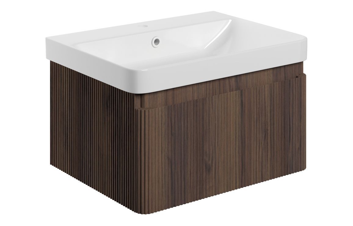 Karly 605mm Wall Hung 1 Drawer Basin Unit & Basin - Textured Walnut
