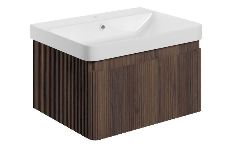 Karly 605mm Wall Hung 1 Drawer Basin Unit & Basin - Textured Walnut
