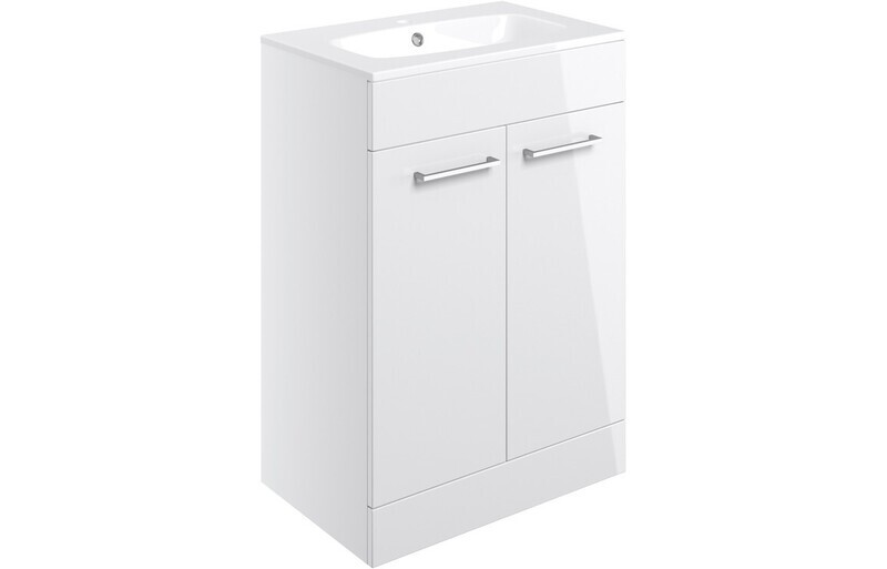 Rhyl 610mm Floor Standing 2 Door Basin Unit & Basin - White Gloss