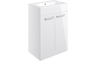 Rhyl 610mm Floor Standing 2 Door Basin Unit & Basin - White Gloss