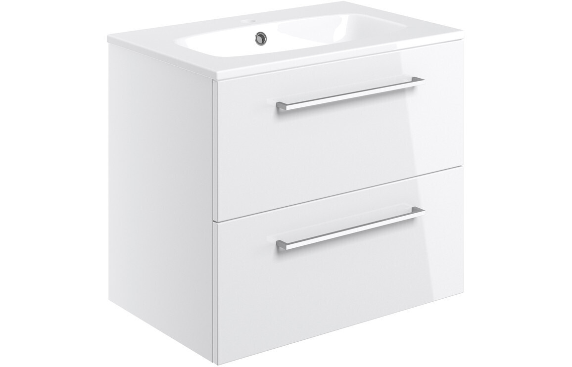 Rhyl 610mm Wall Hung 2 Drawer Basin Unit & Basin - White Gloss