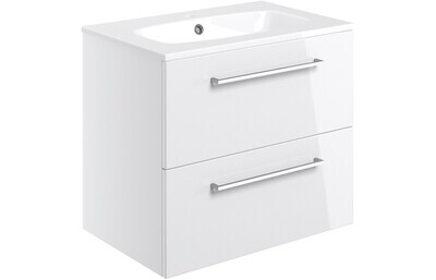 Rhyl 610mm Wall Hung 2 Drawer Basin Unit & Basin - White Gloss