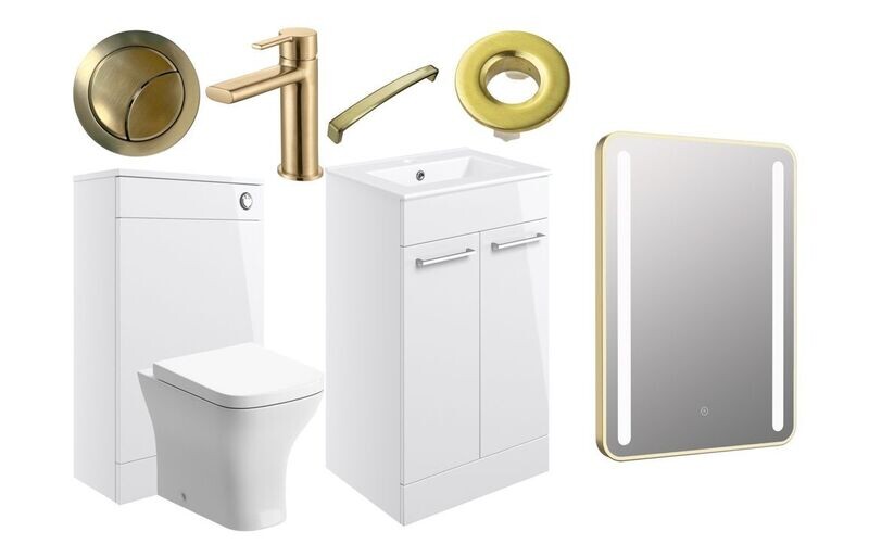 Rhyl 510mm Floor Standing Furniture Pack - White Gloss With Brushed Brass Finishes
