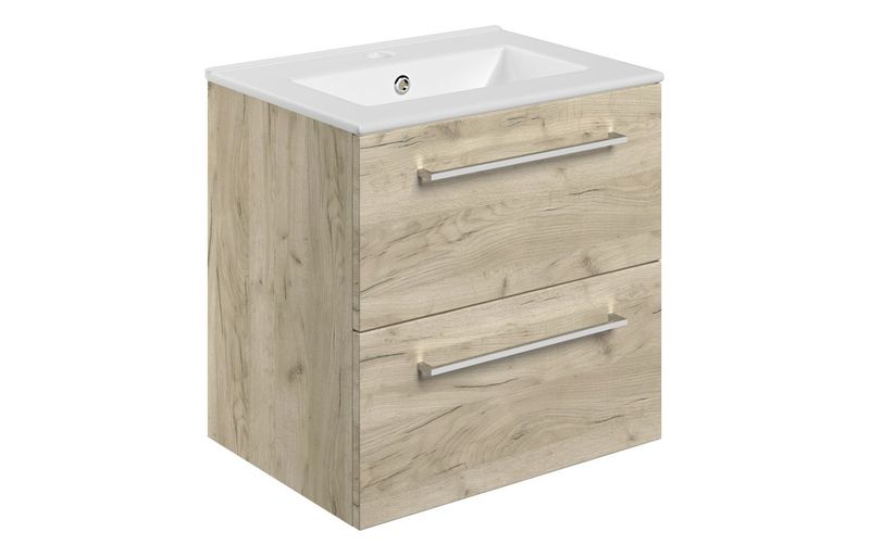 Rhyl 510mm Wall Hung 2 Drawer Basin Unit & Basin - Oak