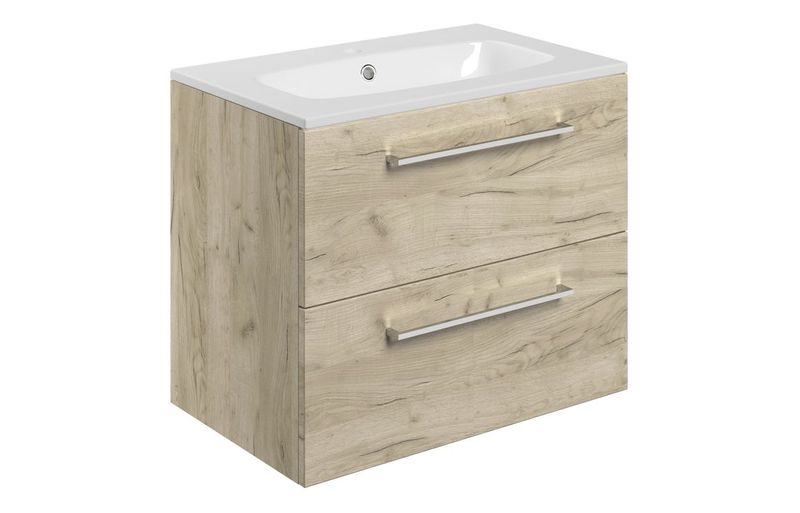 Rhyl 610mm Wall Hung 2 Drawer Basin Unit & Basin - Oak