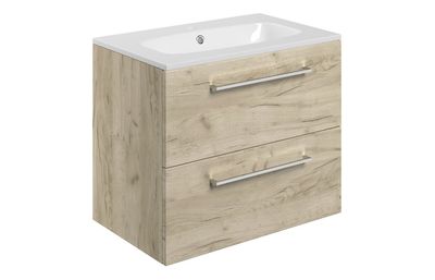 Rhyl 610mm Wall Hung 2 Drawer Basin Unit & Basin - Oak