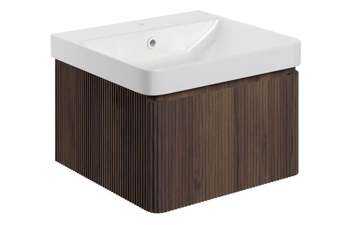 Risca 500mm Wall Hung 1 Drawer Basin Unit & Basin - Textured Walnut