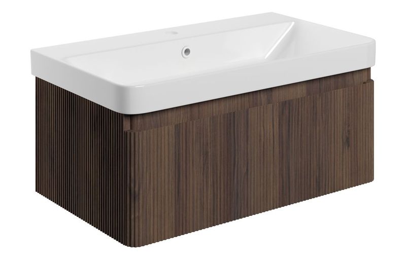 Risca 805mm Wall Hung 1 Drawer Basin Unit & Basin - Textured Walnut