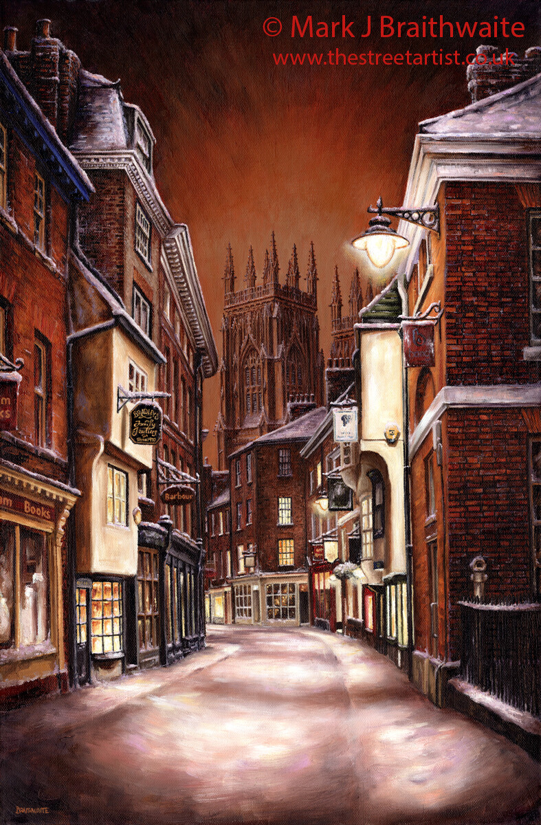 Low Petergate, Silent Night. Paper Giclée Prints and Canvas Giclée Prints available.