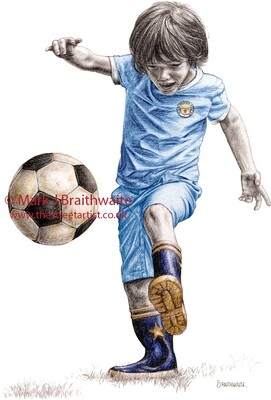 AFMC80: Alfie&#39;s Football Kits. Citizen Alfie, in the style of Manchester city&#39;s 1980&#39;s Home Kit  Print (size options available)