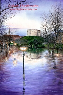 Flood Lights, Clifford&#39;s Tower from Tower Gardens in Flood, York Print