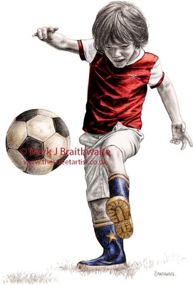 Alfie&#39;s Football Kits. Gunner Shoots... in the style of Arsenal FC 1980&#39;s Home Kit. Print (size options available)