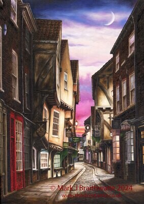 The Shambles at Twilight, York Collection. Paper Giclée Prints and Canvas Giclée Prints available. ORIGINAL AVAILABLE