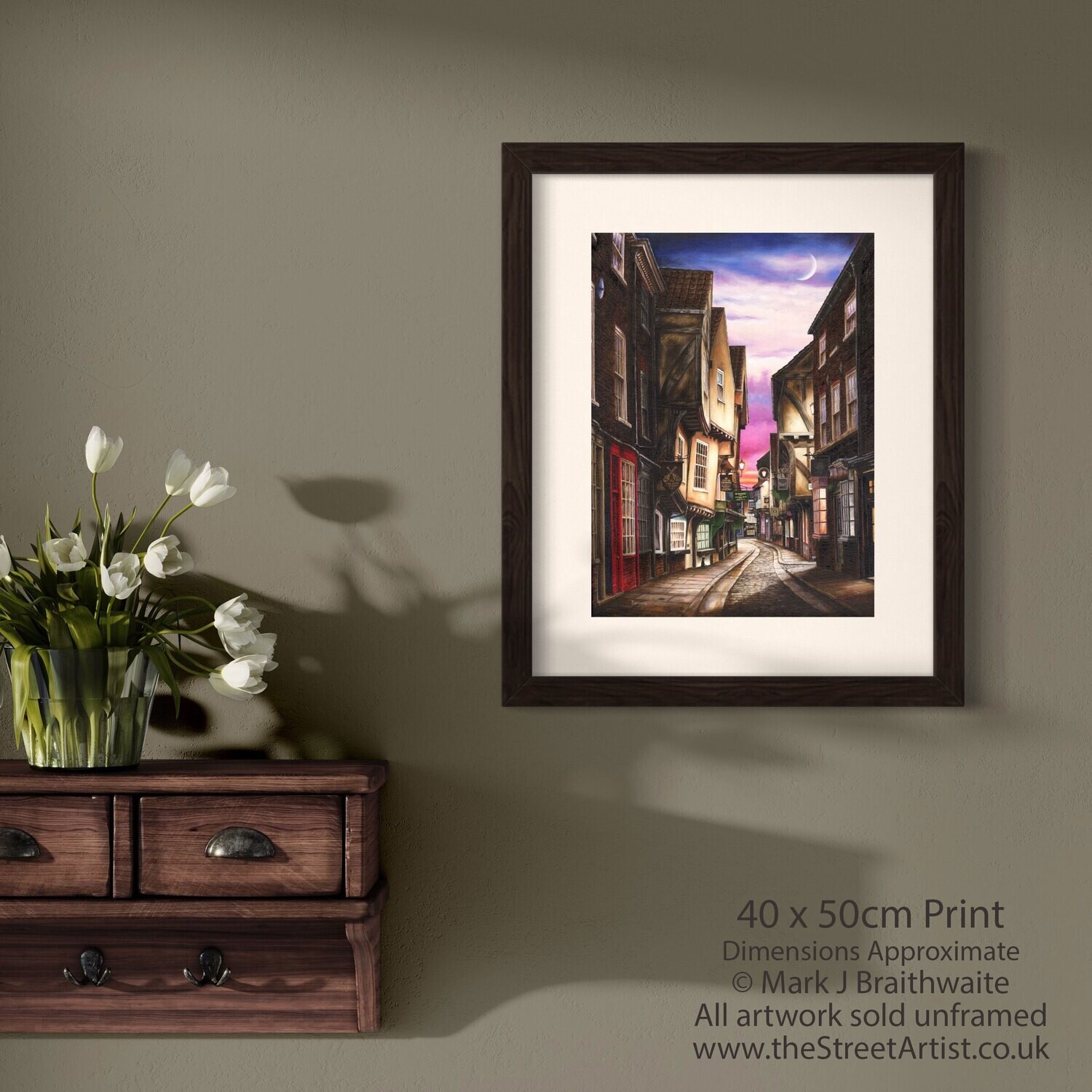 The Shambles at Twilight, York Collection. Paper Giclée Prints and Canvas Giclée Prints available. ORIGINAL AVAILABLE