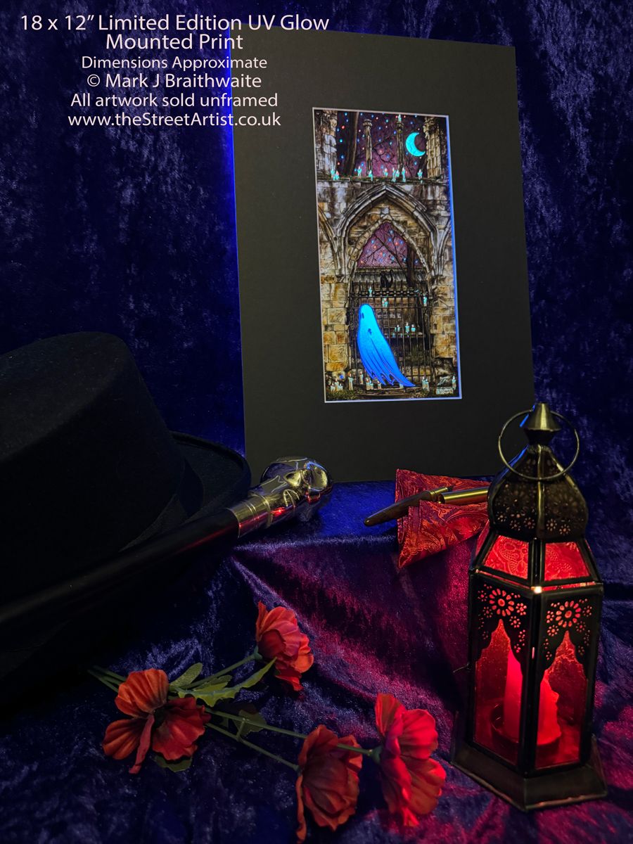 BTS7LEE: Beneath the Sheets, Quiet as a Nun. Colour Print Large Size, Limited Enchanted Edition, &quot;Celestial Light&quot; with Hand Painted Ghost, Moon, stars and candles that Glow  Under UV Black Light